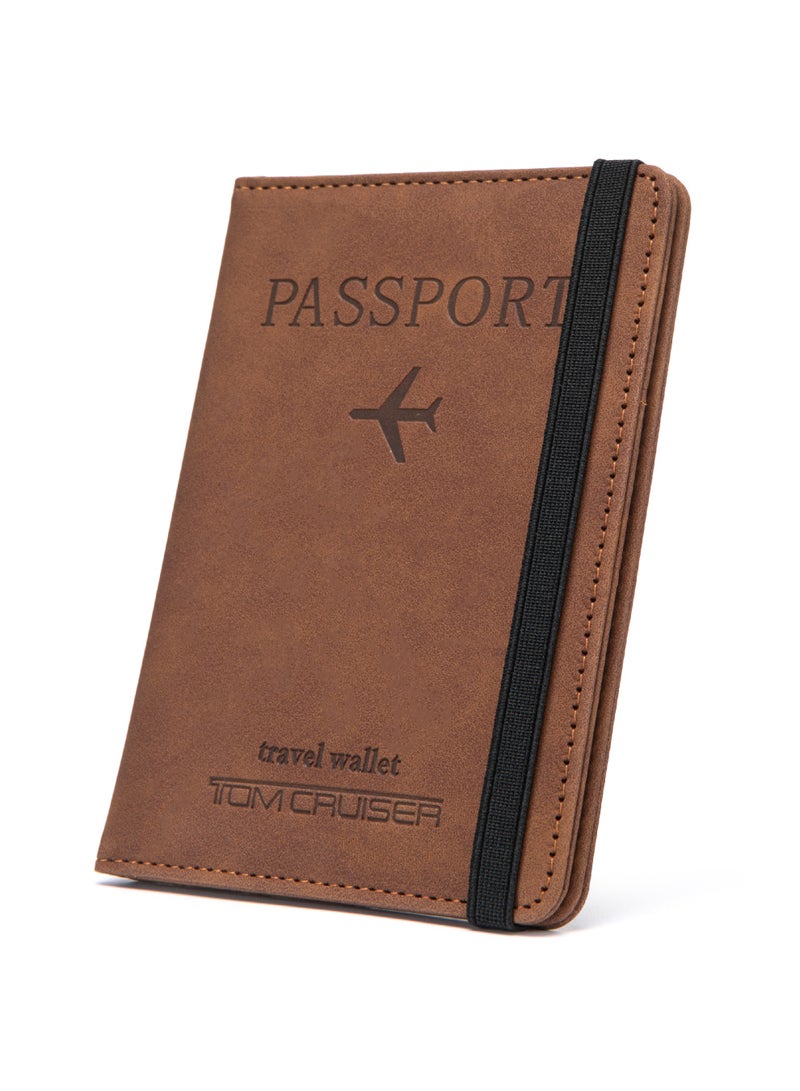 TOM CRUISER RFID Passport Holder, Slim PU Travel Wallet with Passport Pocket, 4 Card Slots, 2 SIM Slots, Cash & Boarding Pass Storage, Elastic Closure, Brown - Image 1
