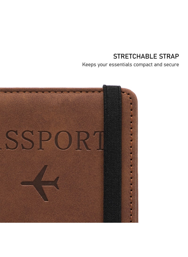 TOM CRUISER RFID Passport Holder, Slim PU Travel Wallet with Passport Pocket, 4 Card Slots, 2 SIM Slots, Cash & Boarding Pass Storage, Elastic Closure, Brown - Image 2