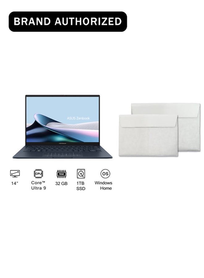 ASUS Zenbook 14 Laptop With 14-Inch 3K (2880x1800) Display, Core Ultra 9-285H Processor/32GB RAM LPDDR5X/1TB SSD/Intel UHD 600 Graphics/Windows 11 Home+ Free Sleeve English/Arabic Ponder Blue - Image 1
