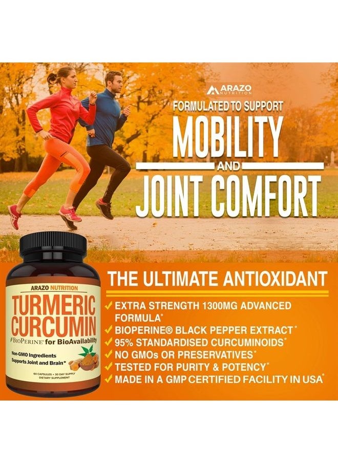 Arazo Nutrition Turmeric Curcumin with BioPerine 1300mg with Black Pepper - Joint Support Nutritional Supplements - 100% Herbal Tumeric Root Capsules  - Image 4