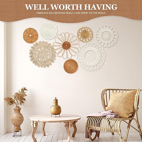 LOCS MICRAI Boho Wall Basket Decor Set of 8,Rattan Flower Wall Decor,Flat Woven Baskets Wall Hanging Decor,Unique Boho Wicker Seagrass Wall Decor(Rattan Classic) - Image 3
