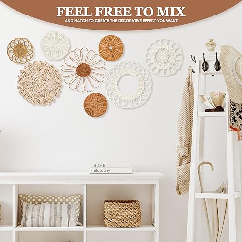 LOCS MICRAI Boho Wall Basket Decor Set of 8,Rattan Flower Wall Decor,Flat Woven Baskets Wall Hanging Decor,Unique Boho Wicker Seagrass Wall Decor(Rattan Classic) - Image 4