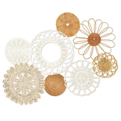 LOCS MICRAI Boho Wall Basket Decor Set of 8,Rattan Flower Wall Decor,Flat Woven Baskets Wall Hanging Decor,Unique Boho Wicker Seagrass Wall Decor(Rattan Classic) - Image 1