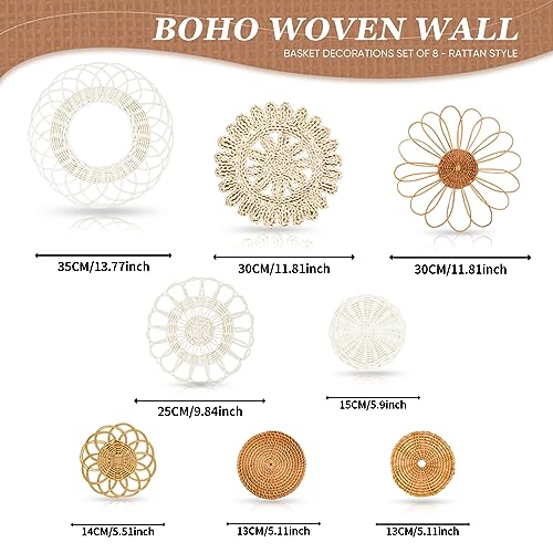 LOCS MICRAI Boho Wall Basket Decor Set of 8,Rattan Flower Wall Decor,Flat Woven Baskets Wall Hanging Decor,Unique Boho Wicker Seagrass Wall Decor(Rattan Classic) - Image 2