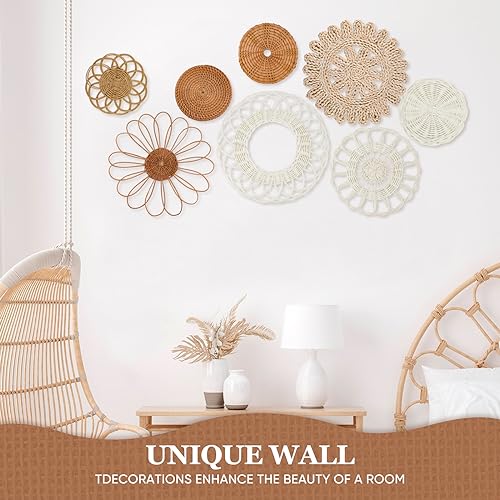 LOCS MICRAI Boho Wall Basket Decor Set of 8,Rattan Flower Wall Decor,Flat Woven Baskets Wall Hanging Decor,Unique Boho Wicker Seagrass Wall Decor(Rattan Classic) - Image 5