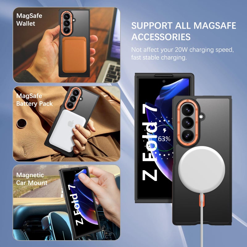 BENTOBEN Magnetic for Samsung Galaxy Z Fold 7 Case 2025 [Compatible with Magsafe] [Military-Grade Protection] Matte Slim Anti-Slip Anti-Yellow Women Men Phone Cases for Z Fold 7 8.0", Orange/Black - Image 2