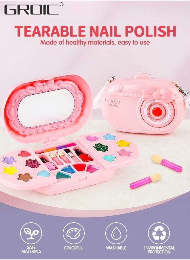 GROIC - 21 PCS Kids Makeup Kit Washable Makeup Kit, Girl Toys Real Cosmetic Makeup Set with Rotating Case, Safe & Non-Toxic Makeup Toy Set Pretend Makeup Beauty Portable Makeup Camera Box Kit - Image 1