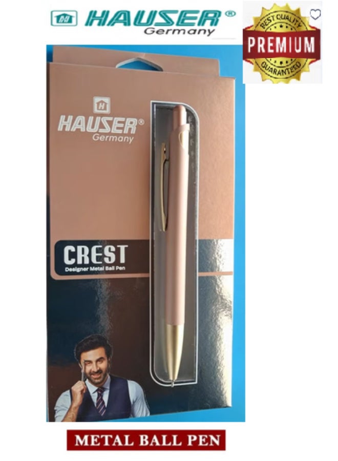 Hauser Germany Original Crest premium Metal Ball Pen | Comfortable Grip For Easy Handling | Shiny & Attractive Metal Body | Ideal For Gifting | Blue Ink, 0.6 MM | (body Rose gold color) - Image 1