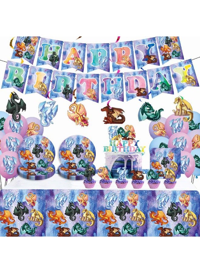 91 pcs Wings of Fire Party Decorations Dragon Theme Birthday Party Supplies Set with Tablecloth,Plates,Napkins, Banner, Balloons Hanging Swirls Cake Cupcake Toppers for Boys Girls Dragon Theme Party