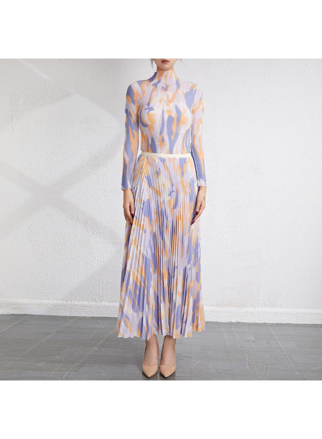 European And American Fashion Casual Suit Skirt Spring And Autumn New Elegant Pleated Stand Collar Long Sleeve Top Skirt Suit 