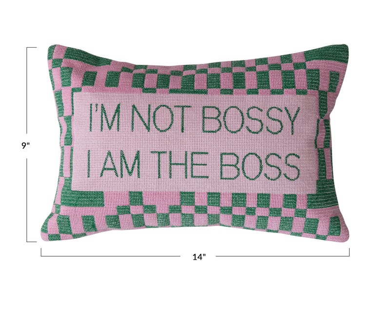 Creative Co-Op Cotton Velvet Embroidered Lumbar Pillow with Check Pattern I'm Not Bossy..., Pink and Green - Image 2