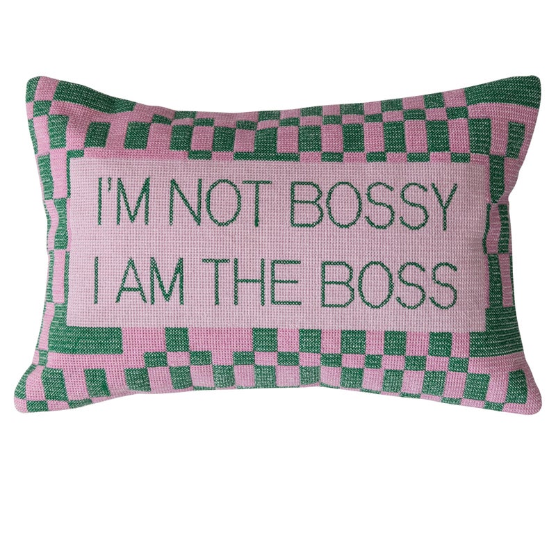 Creative Co-Op Cotton Velvet Embroidered Lumbar Pillow with Check Pattern I'm Not Bossy..., Pink and Green - Image 1