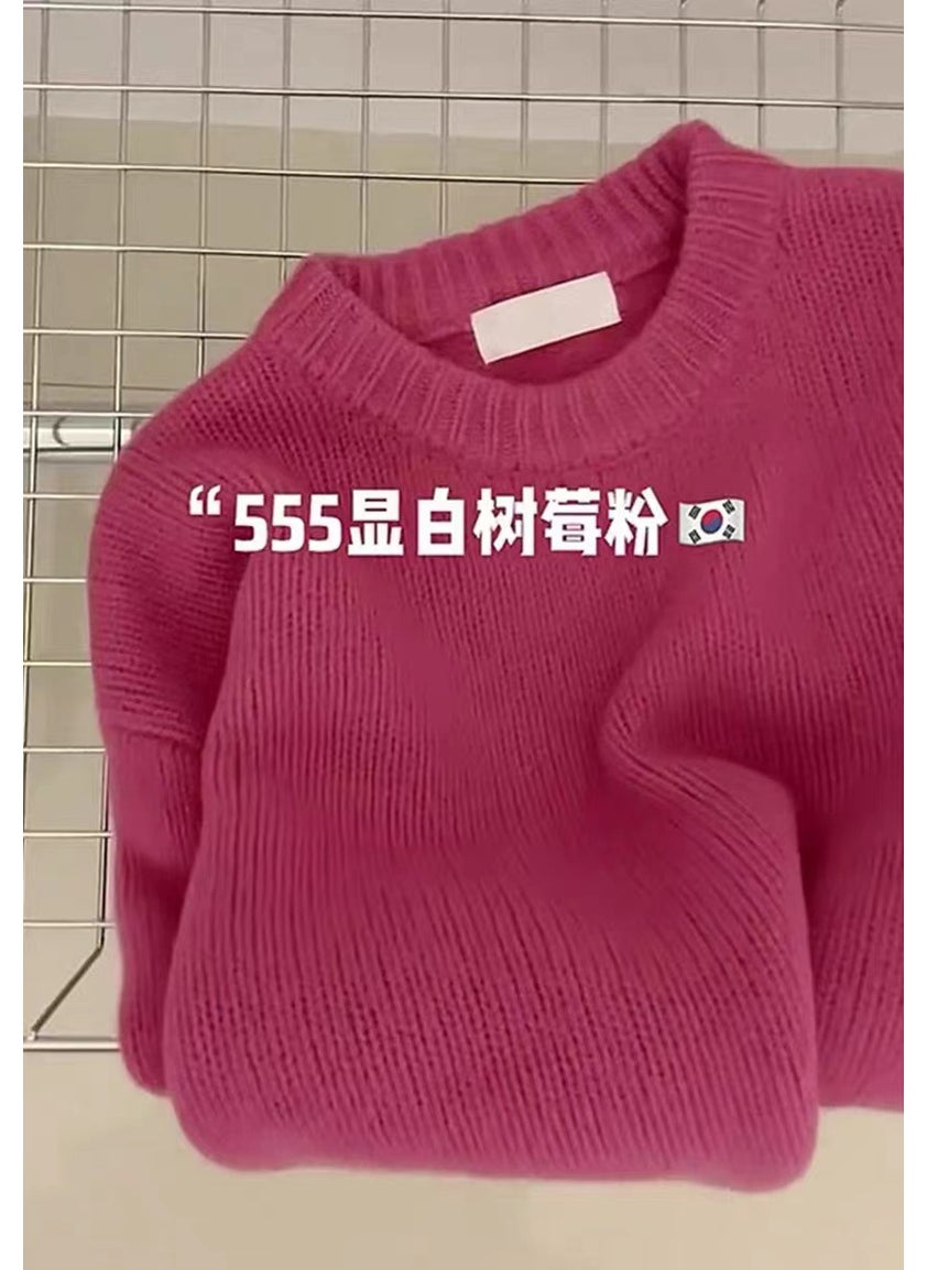 Generic - Idle Style Womens Pullover Sweater Soft Cashmere Knitted Top Solid Color Autumn/Winter Warm Comfortable Crew Neck Design Rose red - Image 1