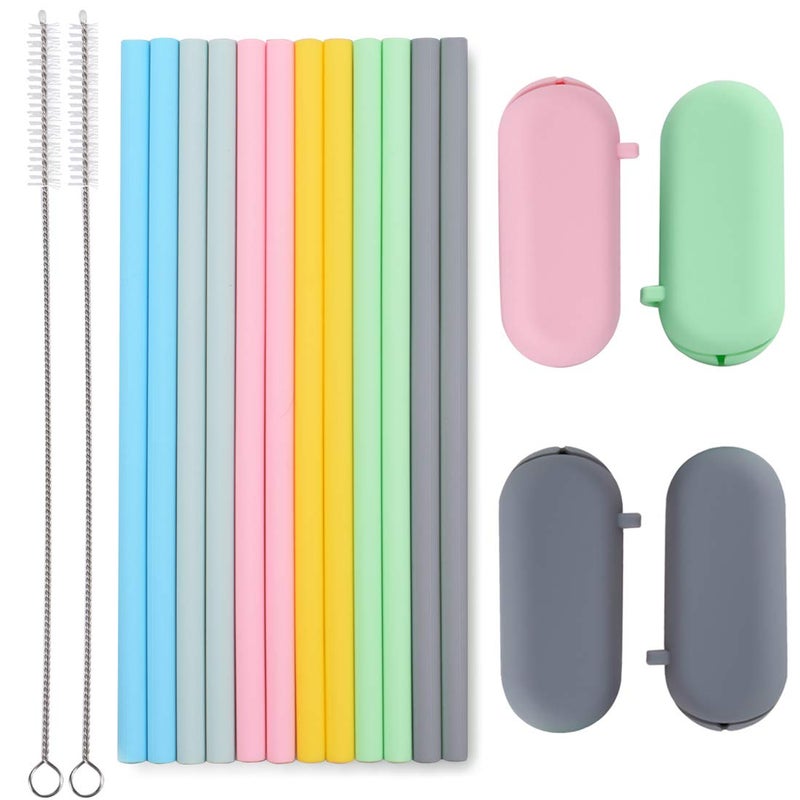 Sunseeke Silicone Straws Reusable - Odorless, 12 Standard Drinking Straws, 4 Carry Pouch, 2 Cleaning Brushes, Certificated Food Grade Platinum Silicone - 8 1/2" Long - Image 1