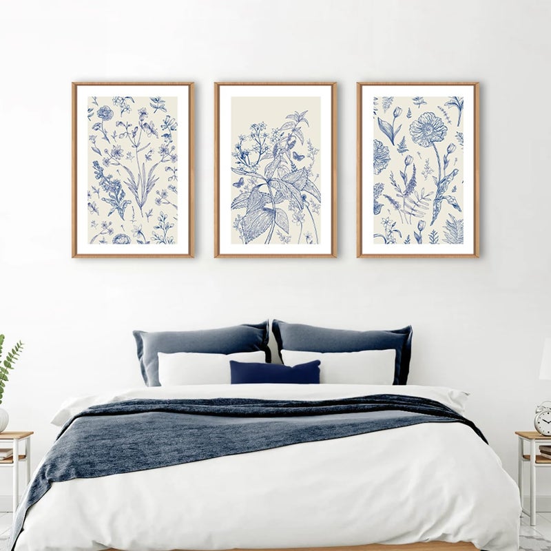 KAIRNE Blue and White Floral Wall Art Set of 3, Chinoiserie Framed Canvas Art Prints, Navy Watercolor Botanical Flower Painting, Wildflower Decor for Living Room, Bedroom, Bathroom, Home - 24x36Inch - Image 4