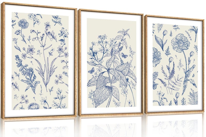 KAIRNE Blue and White Floral Wall Art Set of 3, Chinoiserie Framed Canvas Art Prints, Navy Watercolor Botanical Flower Painting, Wildflower Decor for Living Room, Bedroom, Bathroom, Home - 24x36Inch - Image 1