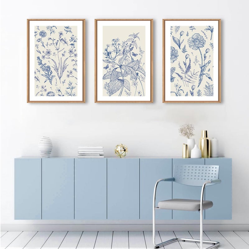 KAIRNE Blue and White Floral Wall Art Set of 3, Chinoiserie Framed Canvas Art Prints, Navy Watercolor Botanical Flower Painting, Wildflower Decor for Living Room, Bedroom, Bathroom, Home - 24x36Inch - Image 5