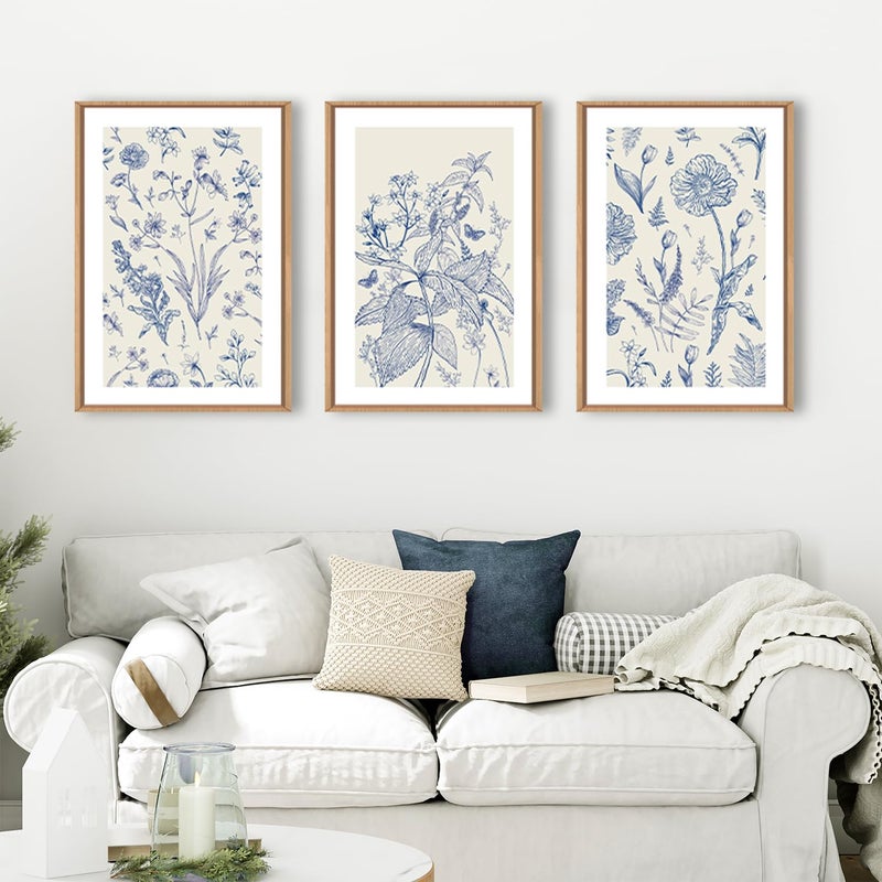 KAIRNE Blue and White Floral Wall Art Set of 3, Chinoiserie Framed Canvas Art Prints, Navy Watercolor Botanical Flower Painting, Wildflower Decor for Living Room, Bedroom, Bathroom, Home - 24x36Inch - Image 2