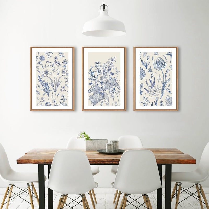 KAIRNE Blue and White Floral Wall Art Set of 3, Chinoiserie Framed Canvas Art Prints, Navy Watercolor Botanical Flower Painting, Wildflower Decor for Living Room, Bedroom, Bathroom, Home - 24x36Inch - Image 3
