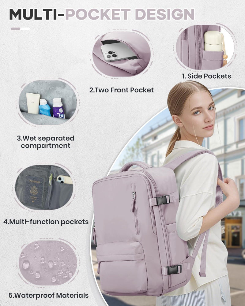 VECAVE Carry On Backpack for Women,Large Travel Backpack Flight Approved,Waterproof 14 Inch Laptop Backpack Business Work Backpacks Men Mochila De Viaje LotusPink - Image 4