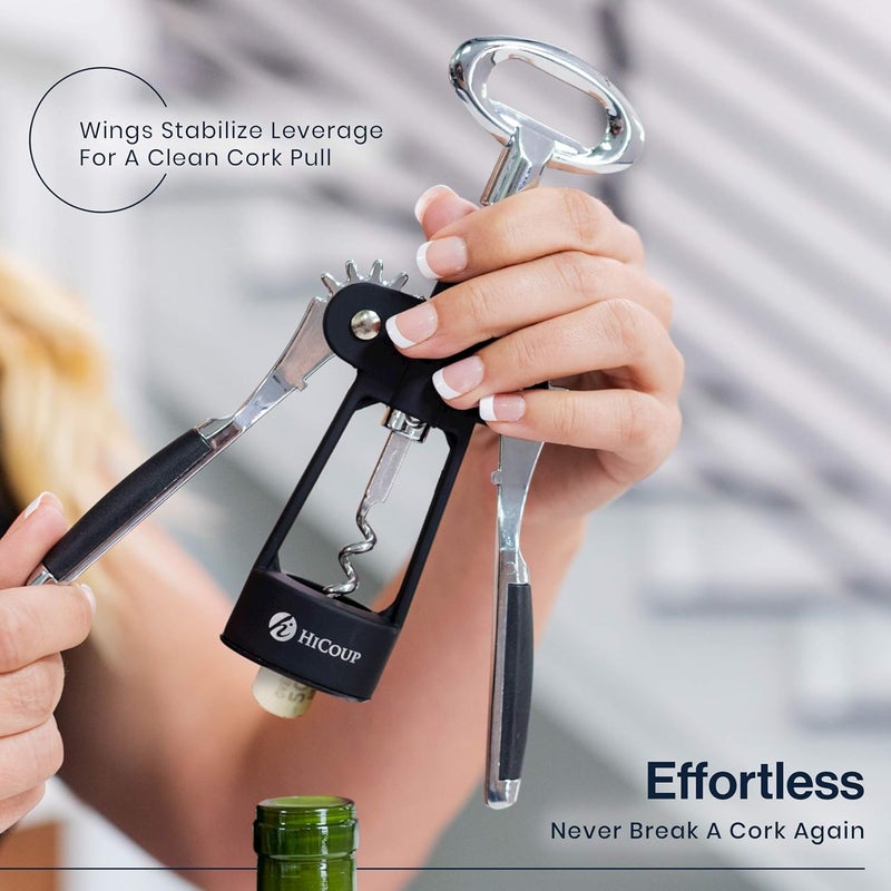 HiCoup Kitchenware HiCoup Corkscrew Wine Opener - Ergonomic, Double Winged Beer and Wine Bottle Openers - Easy to Use, Stainless-Steel Corkscrews with Stopper & Gift Box - Kitchen Accessories - Matte Black - Image 1