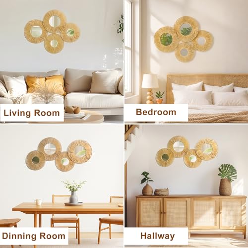 Artilady 4 Pack Hanging Baskets Wall Art - Decorative Woven Lafite Basket Boho Wall Hanging, Rustic Round Mirrors Natural Coastal Home Decor Set for Bedroom Living Room Nursery - Image 5