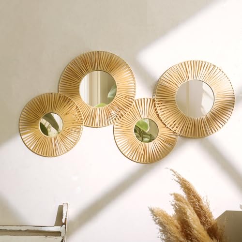 Artilady 4 Pack Hanging Baskets Wall Art - Decorative Woven Lafite Basket Boho Wall Hanging, Rustic Round Mirrors Natural Coastal Home Decor Set for Bedroom Living Room Nursery - Image 1