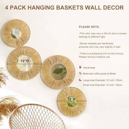 Artilady 4 Pack Hanging Baskets Wall Art - Decorative Woven Lafite Basket Boho Wall Hanging, Rustic Round Mirrors Natural Coastal Home Decor Set for Bedroom Living Room Nursery - Image 3