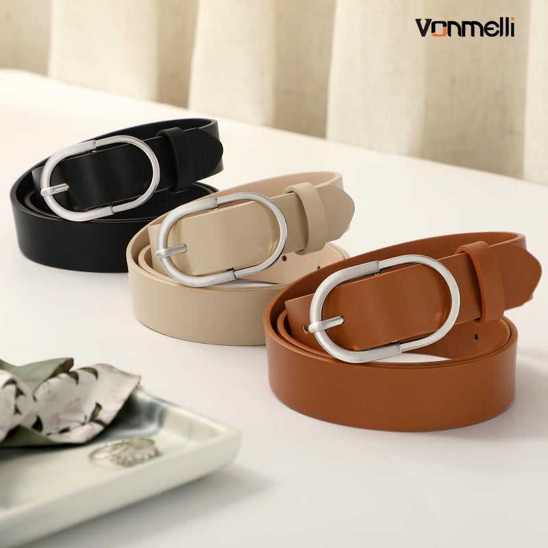 VONMELLI 3 Pack Women's Belts for Jeans Pants Fashion Silver Buckle Ladies Dress Belt Black Brown Beige M - Image 3