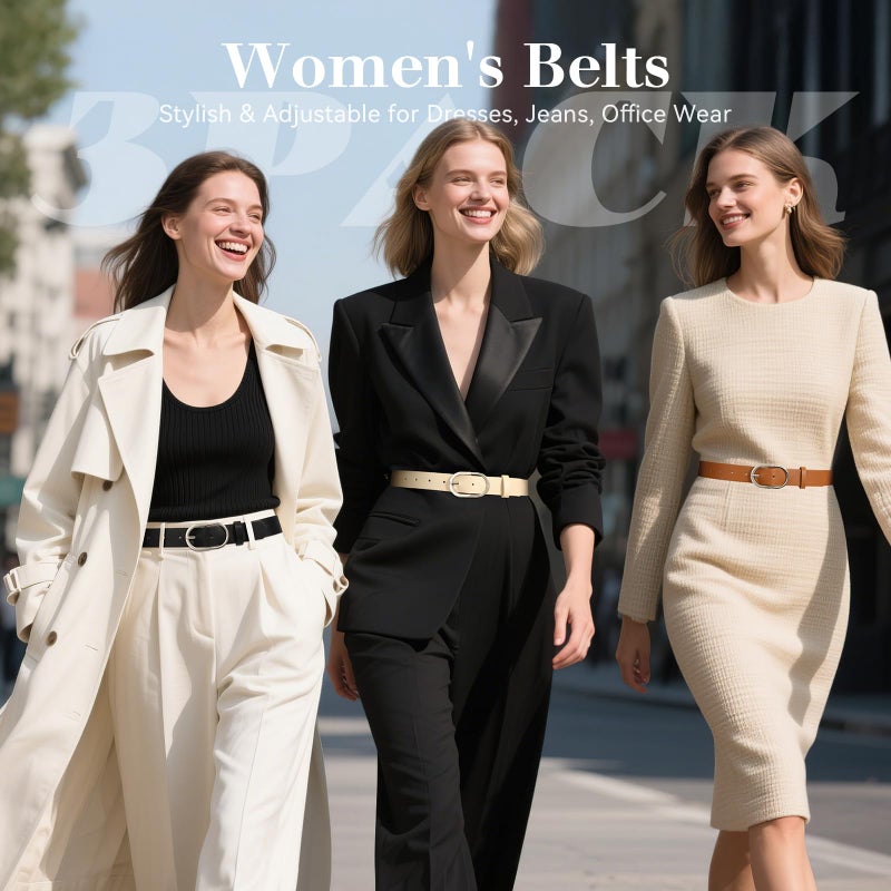 VONMELLI 3 Pack Women's Belts for Jeans Pants Fashion Silver Buckle Ladies Dress Belt Black Brown Beige M - Image 2