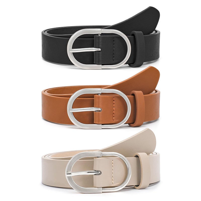 VONMELLI 3 Pack Women's Belts for Jeans Pants Fashion Silver Buckle Ladies Dress Belt Black Brown Beige M - Image 1