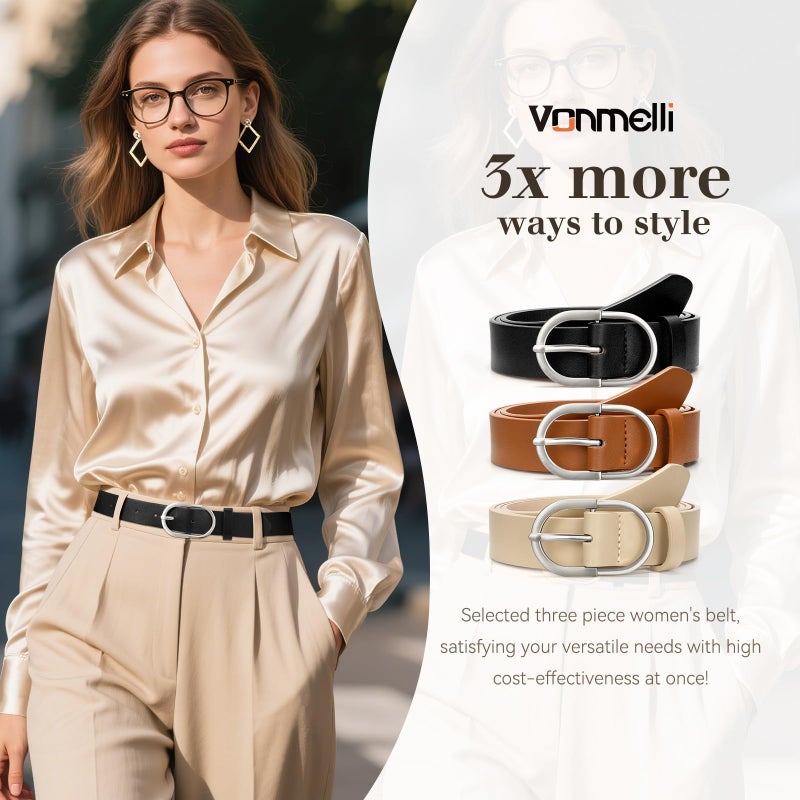 VONMELLI 3 Pack Women's Belts for Jeans Pants Fashion Silver Buckle Ladies Dress Belt Black Brown Beige M - Image 5