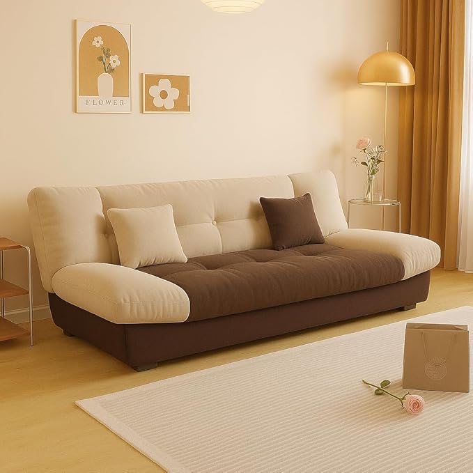 Poppins Home Modern 3-Seater Convertible Sofabed – Ultra Soft Tufted High Density Foam, Minimalist Scandinavian Style for Bedroom or Hotel Space Saving Folding Living Room Furniture (Beige and Brown) - Image 1