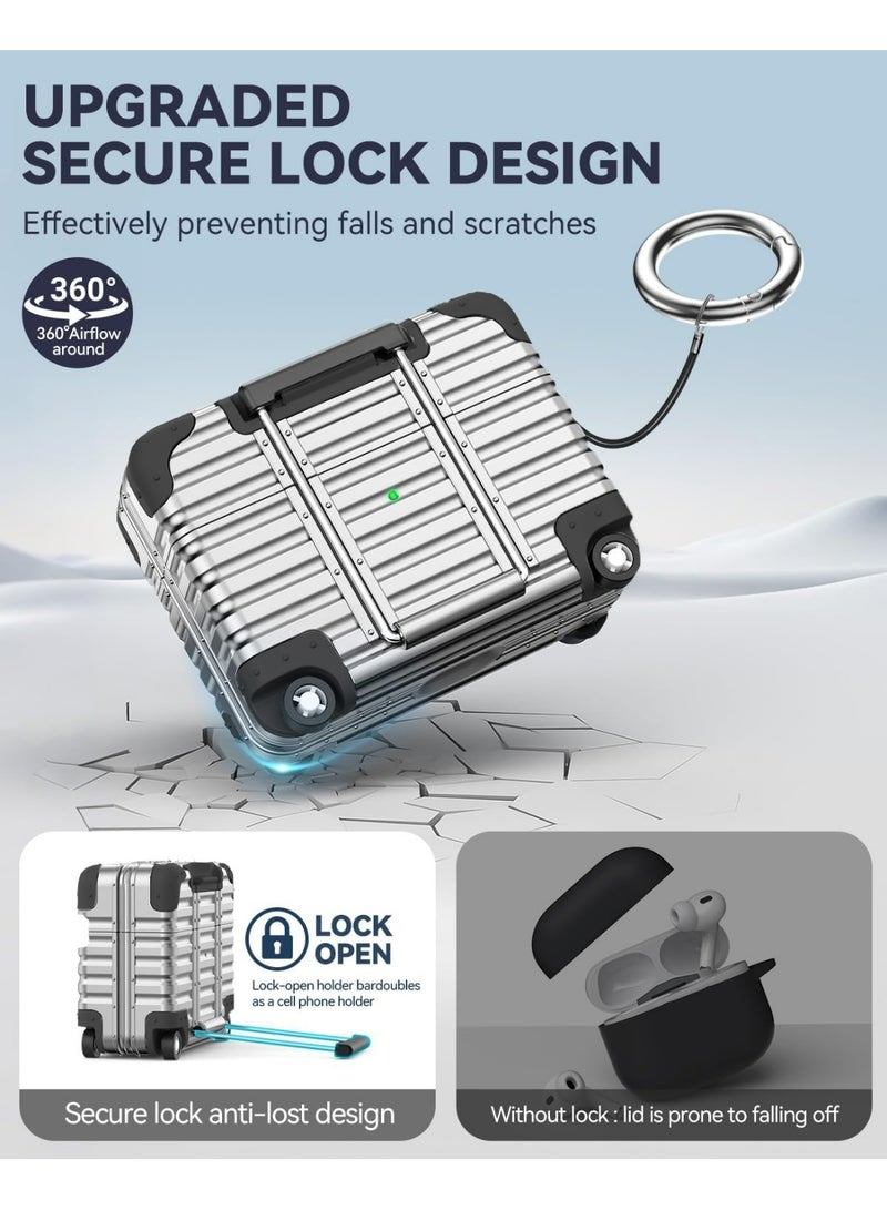 HaDoii for AirPods Pro 3 Case with Lock and Phone Stand, Cute Funny Suitcase Design AirPods Pro 3rd Generation Case with Cleaner Kit & Gray Short Strap, Hard Protection Air Pods Pro 3 Cases for Women Men - Silver - Image 2