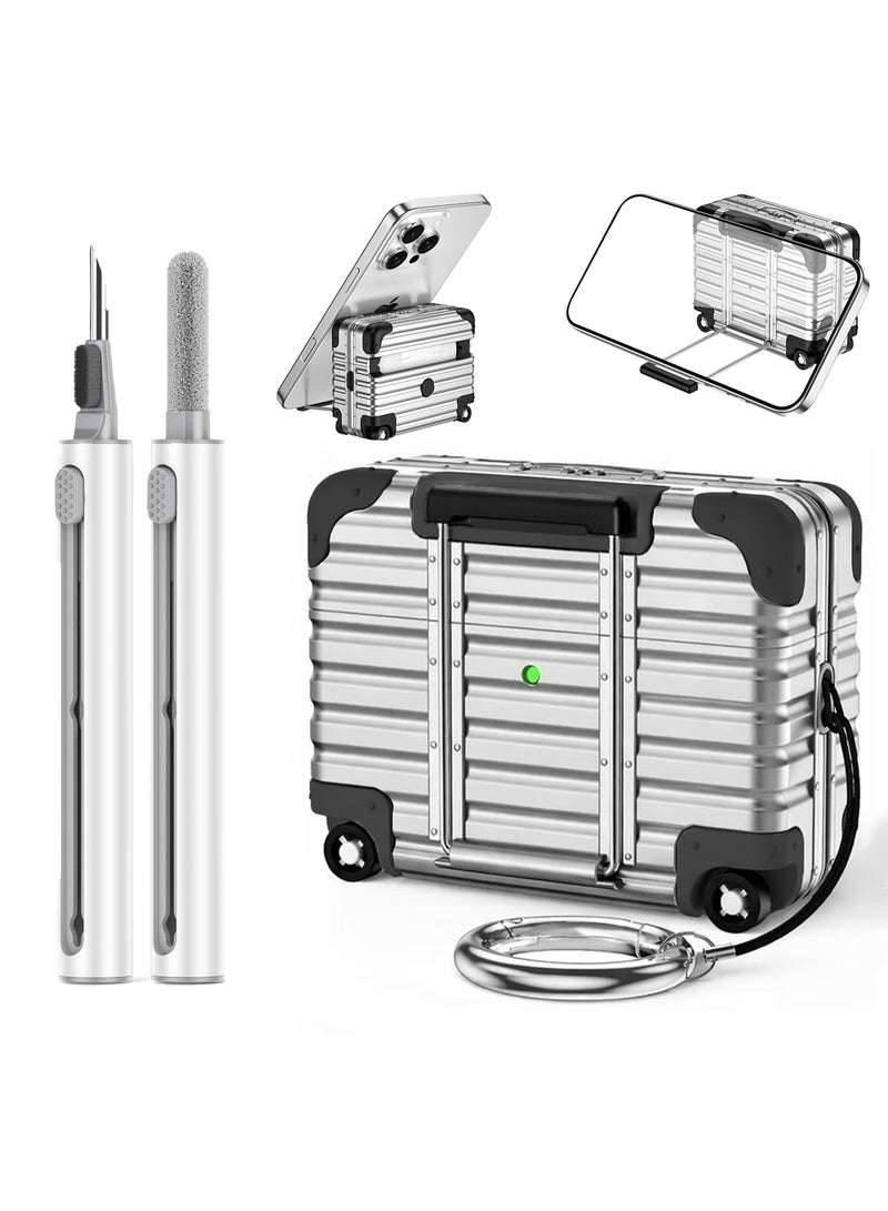 HaDoii for AirPods Pro 3 Case with Lock and Phone Stand, Cute Funny Suitcase Design AirPods Pro 3rd Generation Case with Cleaner Kit & Gray Short Strap, Hard Protection Air Pods Pro 3 Cases for Women Men - Silver - Image 1