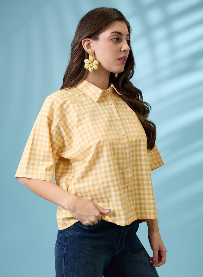 Globus Yellow Gingham Checked Boxy Shirt - Image 2