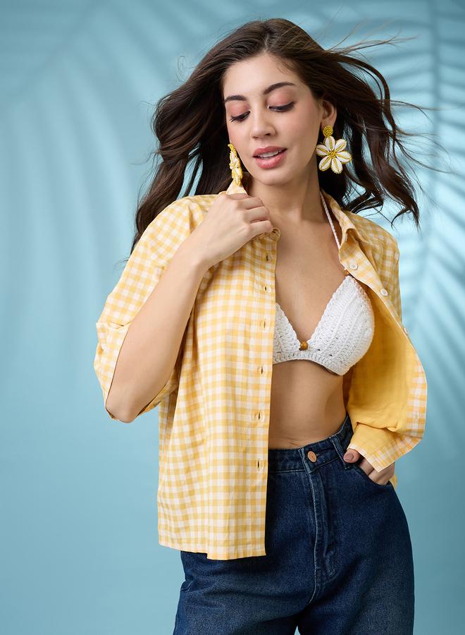 Globus Yellow Gingham Checked Boxy Shirt - Image 5
