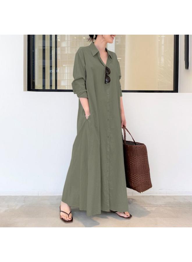 Large Size Women's New Muslim Spring And Autumn Long Sleeve Simple Loose Casual Long Lapel Shirt Dress