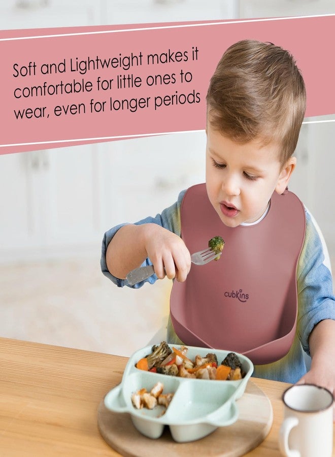 CUBKINS Soft Silicone Baby Bib for Feeding & Weaning Babies, Toddlers | Washable & Reusable, Non-Messy Easy to Clean, No Bad Odour, Adjustable Neck Band with Buttons (Raspberry) - Image 2