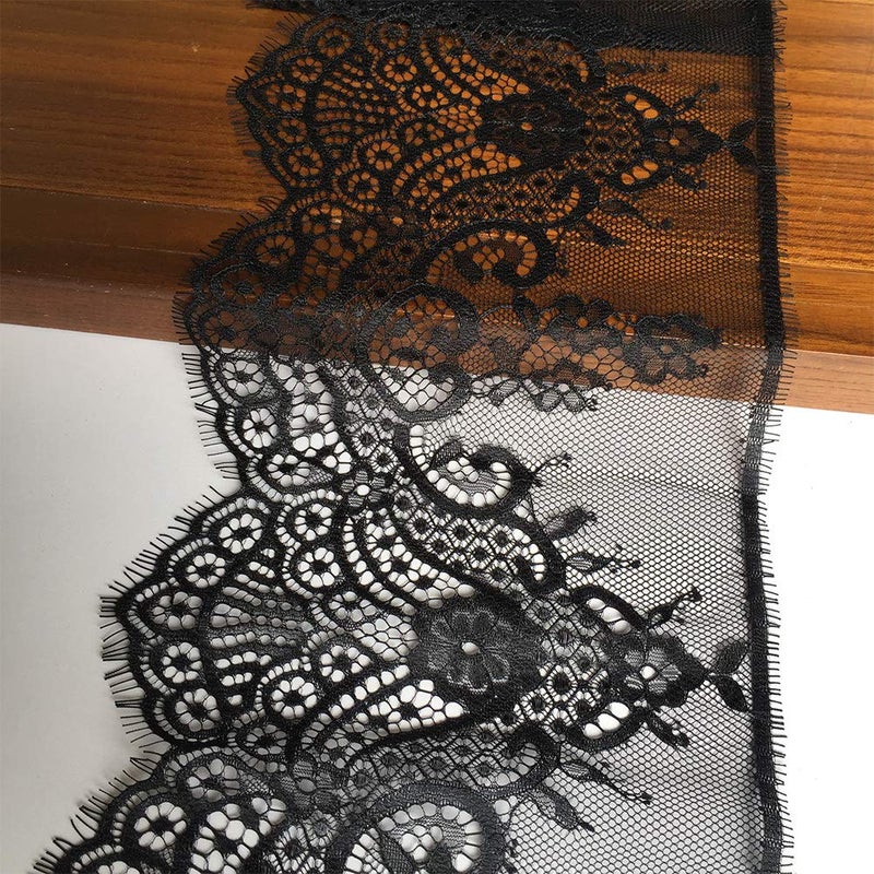 LUMKET Black Eyelash Lace Fabric with Floral Pattern 7 Inches Wide Lace Trim Ribbon 120 Inches for SewingDecorating Floral Designing and Crafts 640 Black