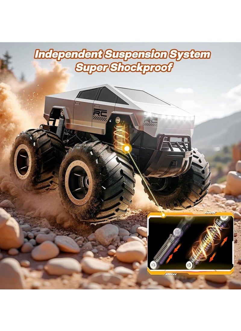 Taizz Ventures 2025 New Cybertruck RC Truck 1:16 Scale, 4WD All Terrain Off-Road Remote Control Car, Dual Motors, LED Headlights, Waterproof, 2.4GHz RC Rock Crawler, Toys for Kids & Adults Ages - Silver  - Image 3