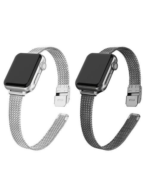 Slim Metal Straps For Apple Watch Series 10 9 8 7 6 5 4 SE, 38/40/41/42mm Thin Narrow Stainless Steel Mesh Milanese Strap -Black/Sliver