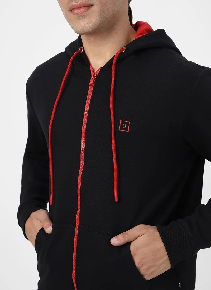 Urbano Fashion  Urbano Fashion Men's Black, Red Cotton Zippered Hooded Sweatshirt for Men | Best Price UAE