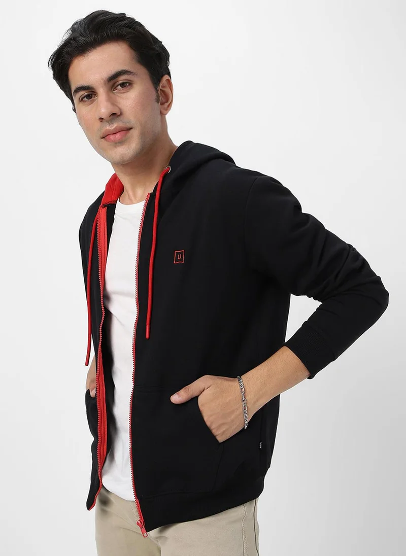 Urbano Fashion Men's Black, Red Cotton Zippered Hooded Sweatshirt