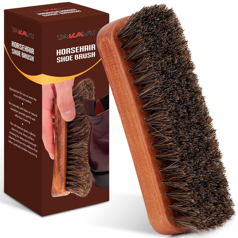 TAKAVU 6.7" Horsehair Shoe Shine Brush - 100% Soft Genuine Horse Hair Bristles - Unique Concave Design Wood Handle - Comfortable Grip, Anti Slip - for Boots, Shoes & Other Leather Care (#1) - Image 1