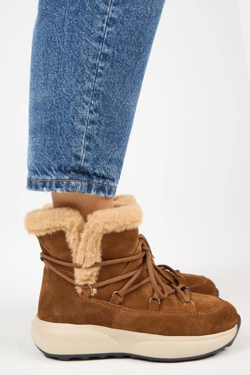 مانجيرو أحذية نسائية من مانيجيرو (سولون) مصنوعة من الجلد الطبيعي، مبطنة بالفرو، برباط، لون بني فاتح