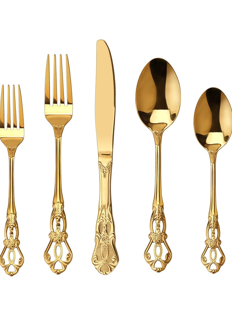 Gorgeous Retro Royal Gold Stainless Steel 5 Pieces Flatware Set, Golden Silverware Set, Anti-rust Stainless Steel Gold Cutlery Set Utensils Including Fork Spoon and Knife - Image 1