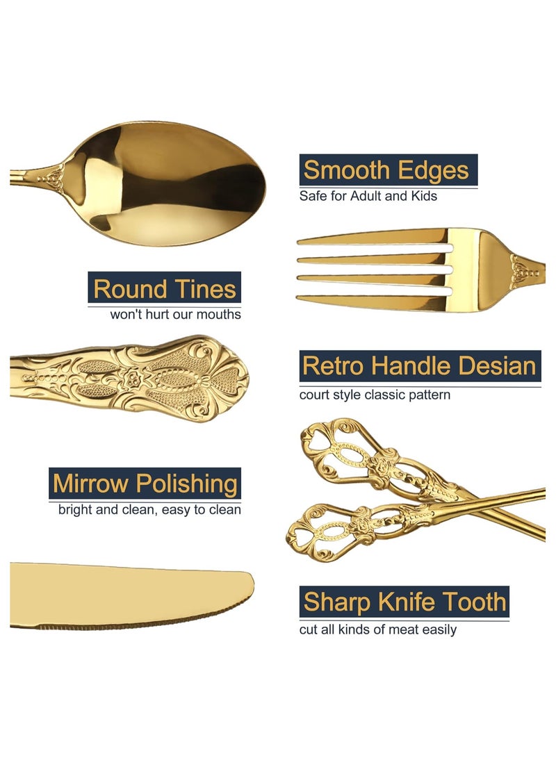 Gorgeous Retro Royal Gold Stainless Steel 5 Pieces Flatware Set, Golden Silverware Set, Anti-rust Stainless Steel Gold Cutlery Set Utensils Including Fork Spoon and Knife - Image 3