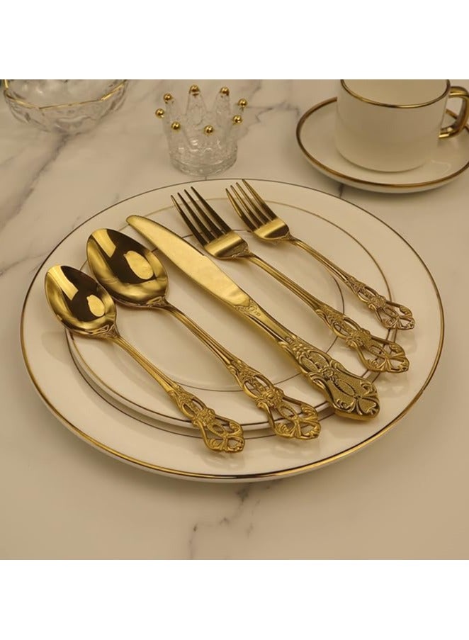 Gorgeous Retro Royal Gold Stainless Steel 5 Pieces Flatware Set, Golden Silverware Set, Anti-rust Stainless Steel Gold Cutlery Set Utensils Including Fork Spoon and Knife - Image 4