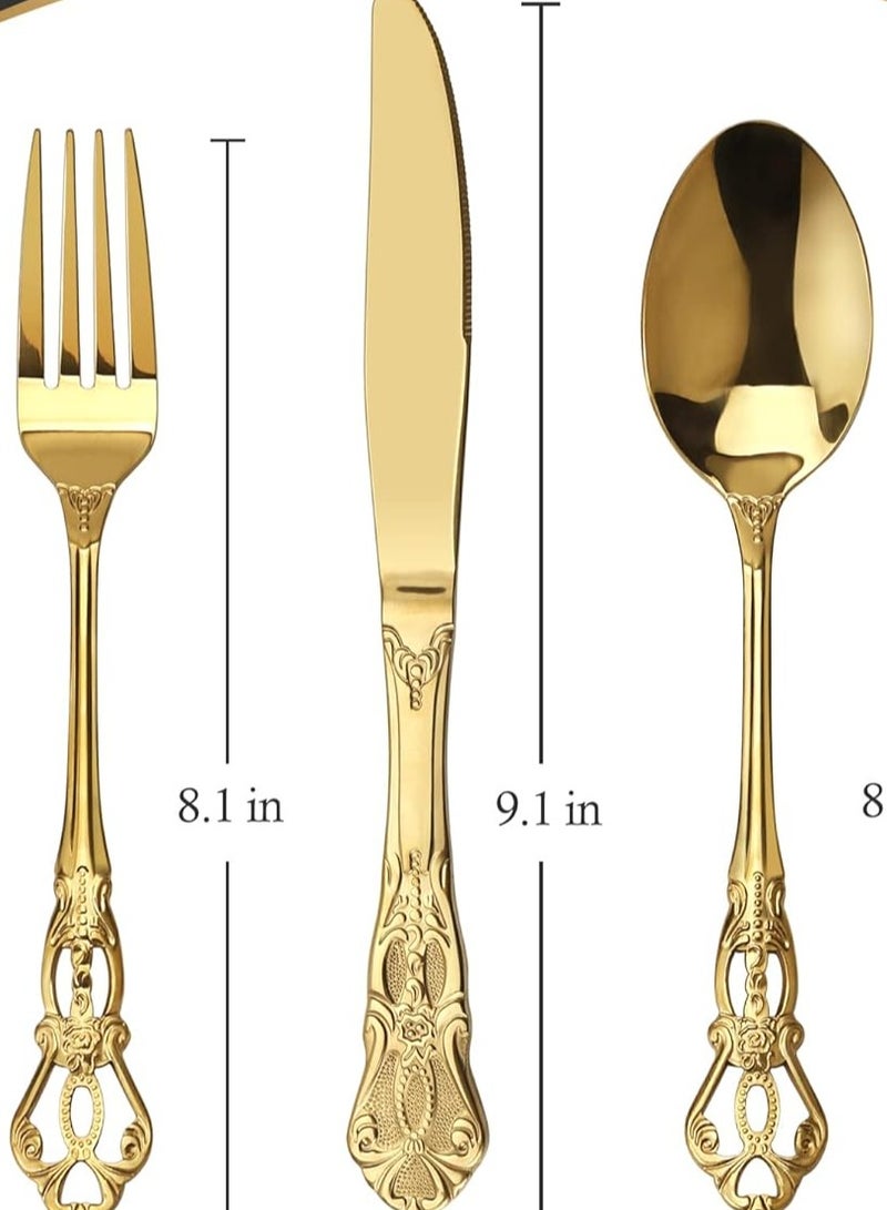 Gorgeous Retro Royal Gold Stainless Steel 5 Pieces Flatware Set, Golden Silverware Set, Anti-rust Stainless Steel Gold Cutlery Set Utensils Including Fork Spoon and Knife - Image 5
